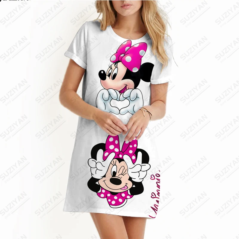 Fashion SpringSummer Women's Dress Cute Minnie 3D Print Beach Skirt Women's Round Neck Cute Girl Style Short Sleeve A-line Skirt