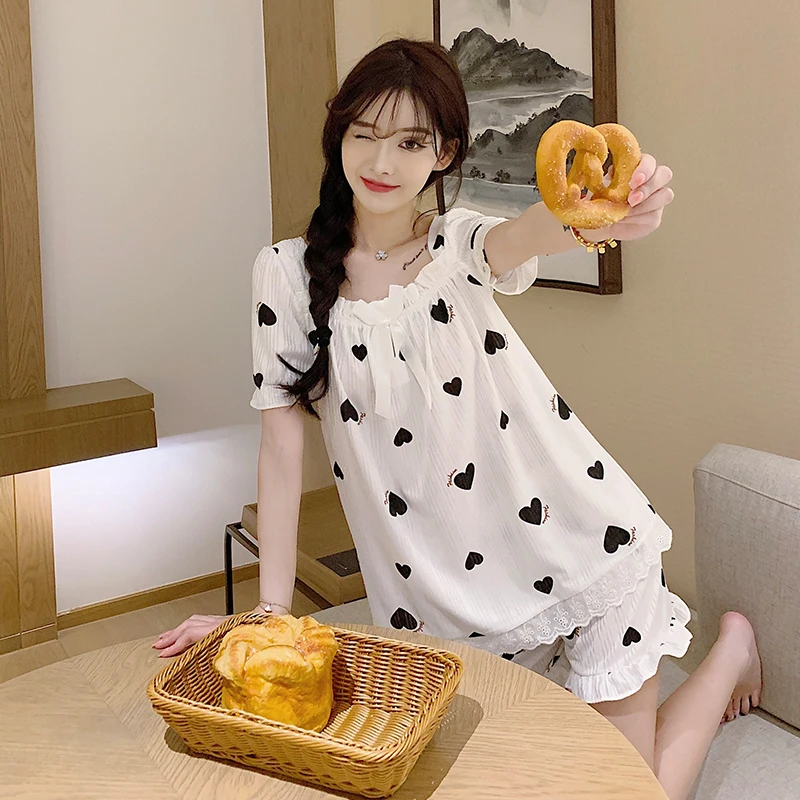 Brand new 2024 women's pajama set summer home set pajamas knitted cotton love print pajamas home clothes ins pajamas 2-pack