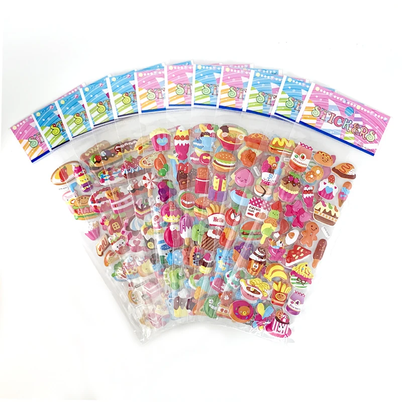 12 Sheets/Set Cartoon Bubble Stickers Burger Candy Cake Food Pattern Kids Cute Sticker for Children School Boy Girl Reward