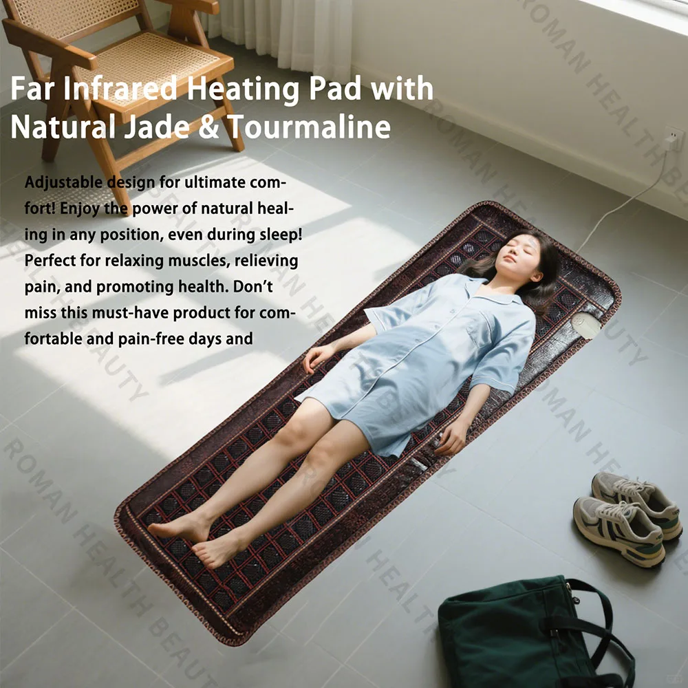 Jade Tourmaline Germanium Heating Massage Pad 50x150cm Far Infrared Therapy Pain Relief Sleep Aids Wellness Full Body Relaxation