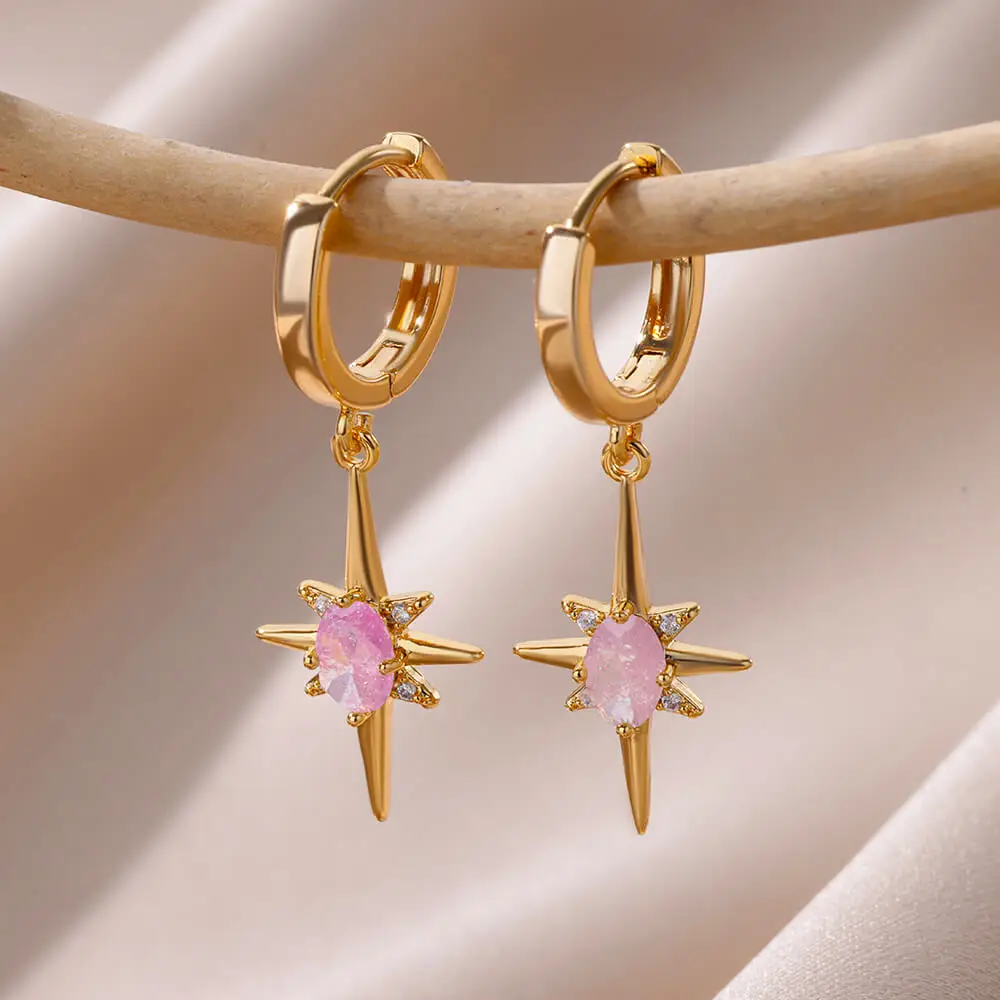 Zircon Point Star Crystal Earrings for Women 18K Gold Plated Stainless Steel