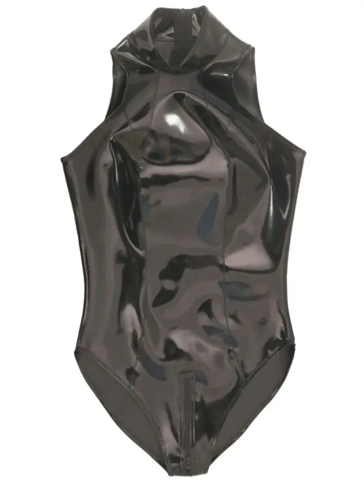 XS-4XL Double Sided PU Swimsuit Sleeveless Wet Look PVC Catsuit Zipper Open Crotch Bodysuit Tights Hot Sexy Body Teddies Leotard