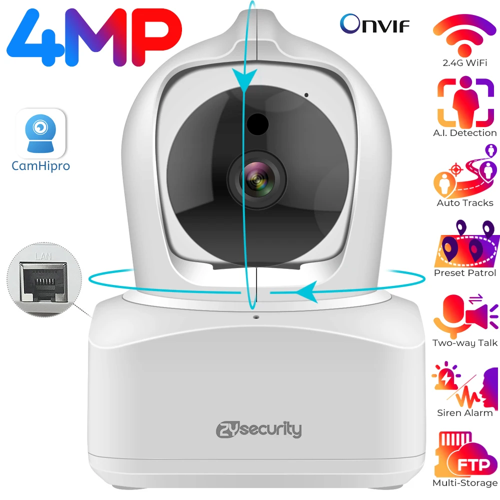 

4MP Wifi PTZ Camera Indoor Smart Home Security Dome IP Camera 15M IR Night Vision Human Tracking Wireless Pet Camera CamHipro