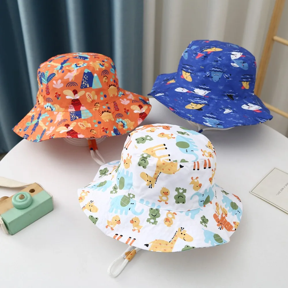 1-5 Years Cartoon Printing Baby Bucket Hat Cotton Breathable Kids Fisherman  Hat Infant Toddle Sun Hat with Drawstring Baby Cap