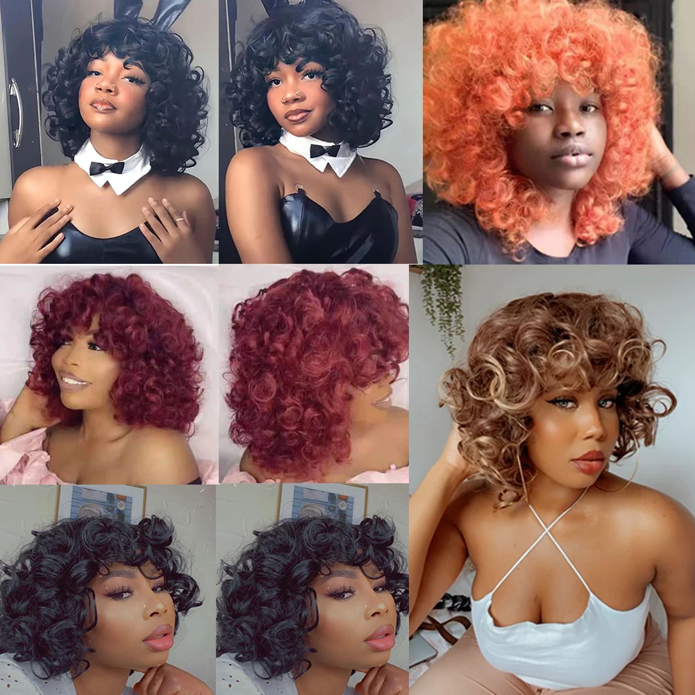 Afro Kinky Curly Synthetic Wig For Black Women Ombre Shoulder Length Wig  With Bangs Fluffy Wigs Heat Resistant Bangs wigs| | - AliExpress