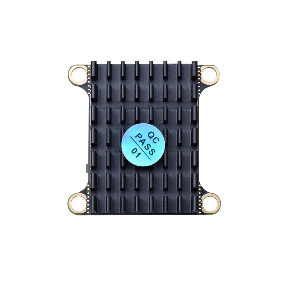 Vue de dessus de l'émetteur VTX 5.8GHz montrant les boutons de sélection de canal et de puissance.