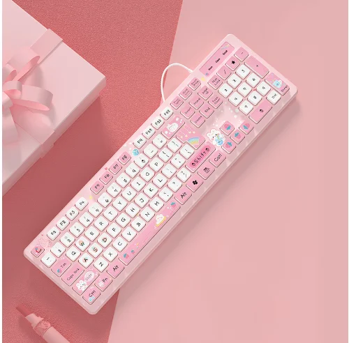 Teclado com fio kawaii para meninas, chá