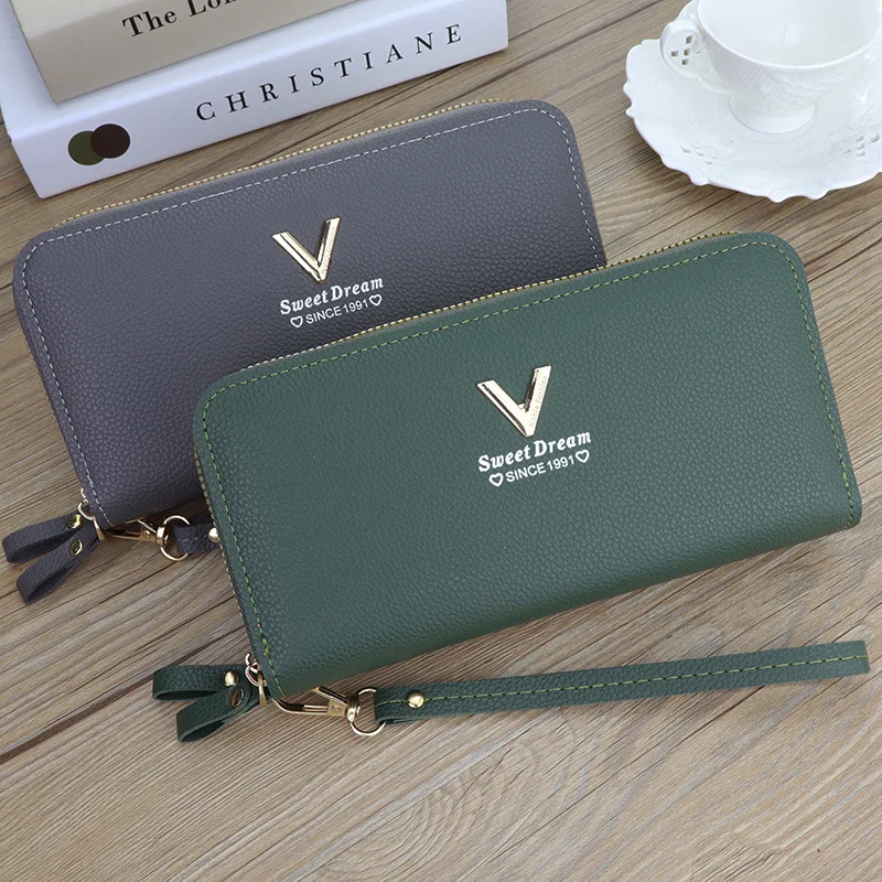 Lange Damen-Geldbörse mit doppeltem Reißverschluss, großes Fassungsvermögen aus PU-Leder, Kartenhalter, Handgelenk-Clutch mit Handytasche – Detail 7