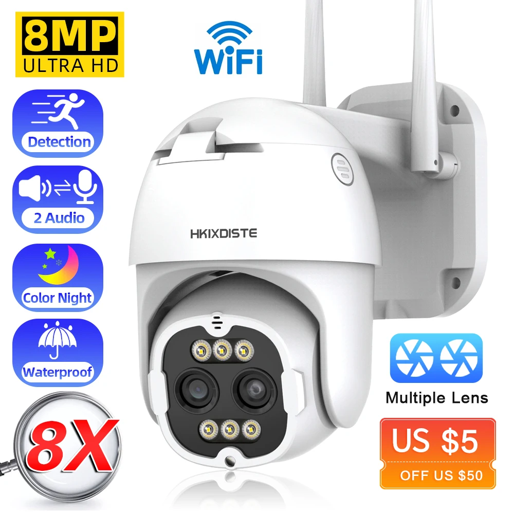 4k 8mp Wifi Ptz Ip Camera Outdoor 8x Zoom 4mp Dual Lens Wireless Video