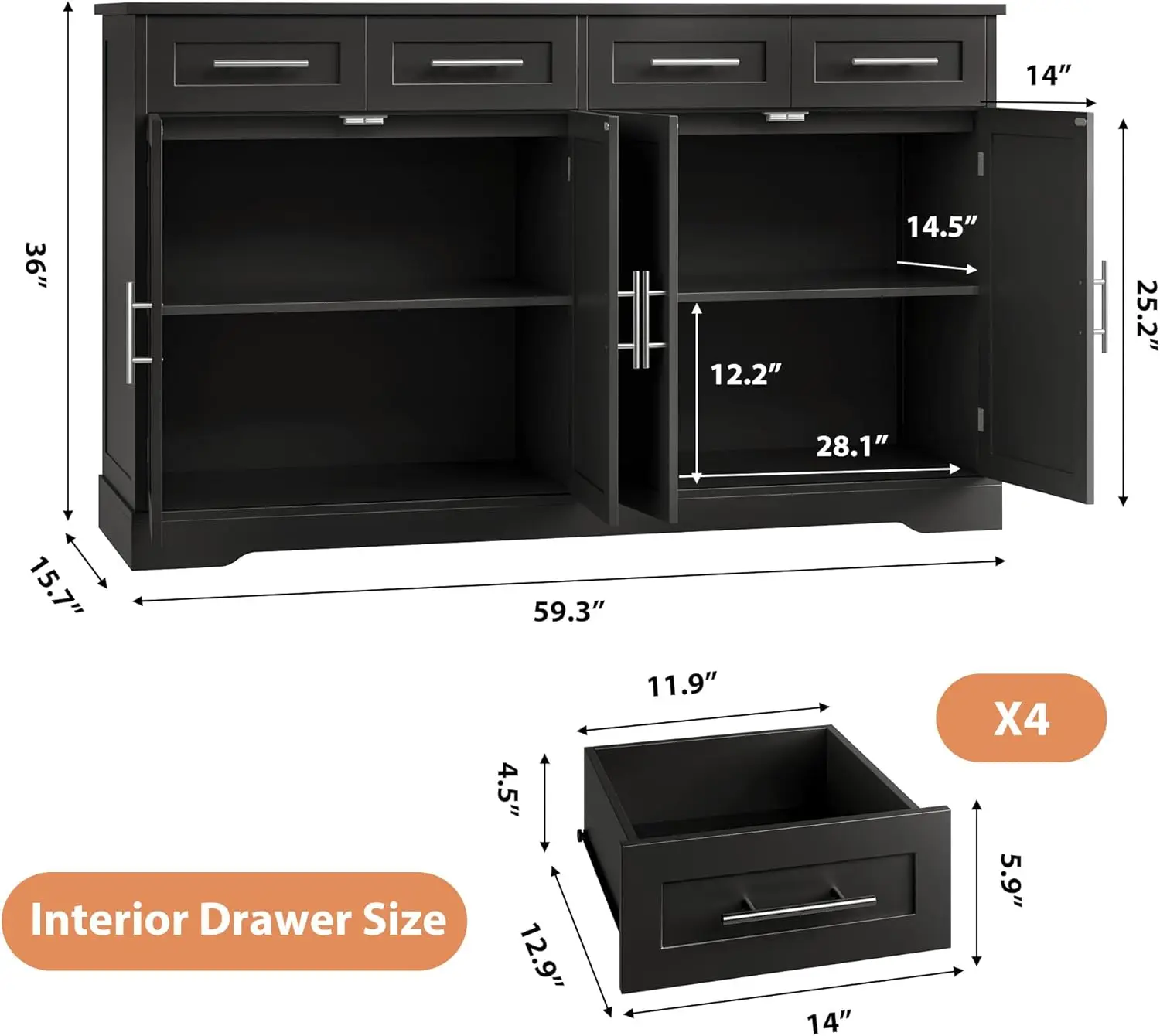 60" Large Buffet Sideboard with Storage, 36" Tall Kitchen Buffet Storage Cabinet with 4 Drawer, Modern Coffee Bar Cabinet with S