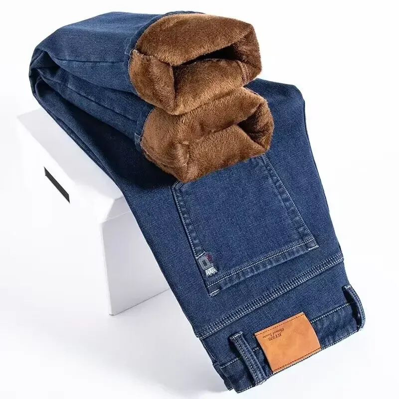 Winter Fleece Men's Casual Jeans Stretch Fashion Cotton Thick Plush Warm Denim Trousers Male Brand Pants Plus Size 42 44 46 2