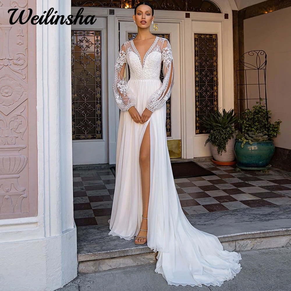 

Graceful Civil Chiffon Wedding Dress for Brides Classic Long Sleeves with Appliques Corset Bridal Gowns Court Trian Custom Made