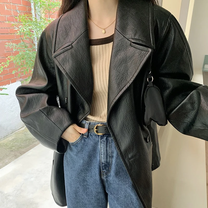 Streetwear Women's Leather Jacket Vintage Double Breasted Notched Collar Casual Black Faux Leather Motorcycle Jackets vestes