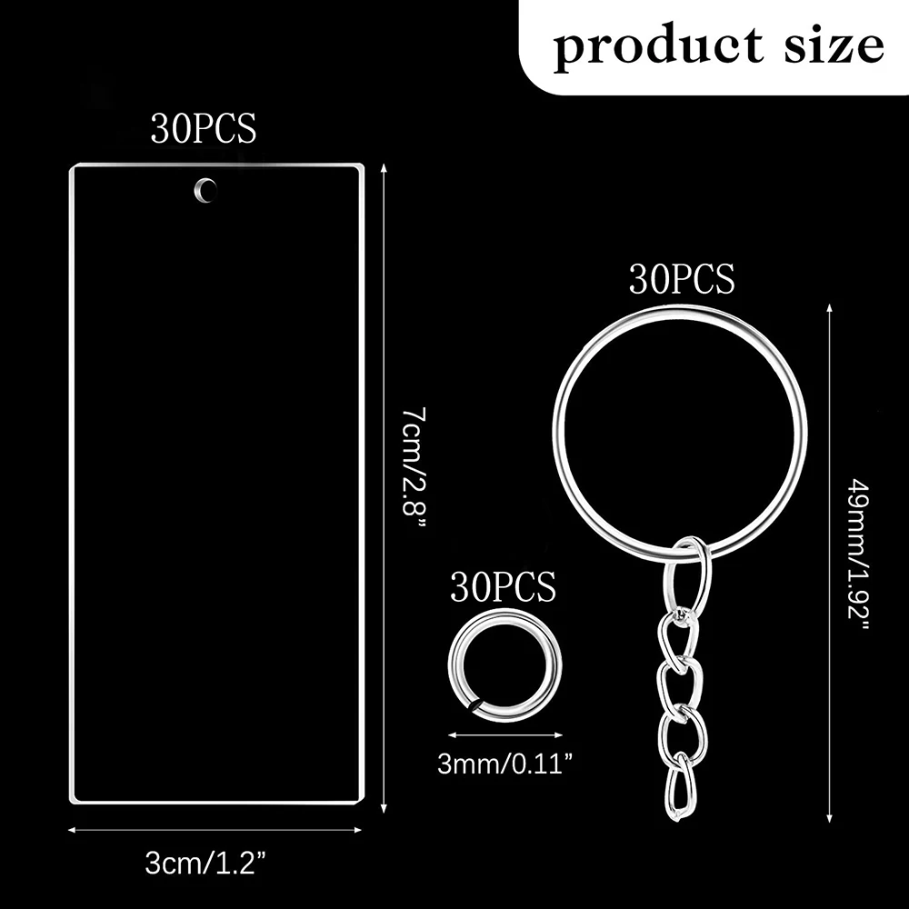 Transparent Acrylic KeyChain Blank Charms Key Chains Jump Ring 90Pcs for DIY Craft Ornament Engrave Painting