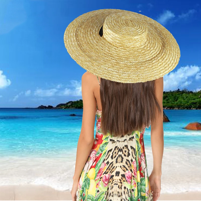 Wide Brim Straw Hat For Women Long Ribbon Ladies Beach Hat Summer Sun Visor Cap Flat Top Large Brim Tie Straw Straw Hat 3