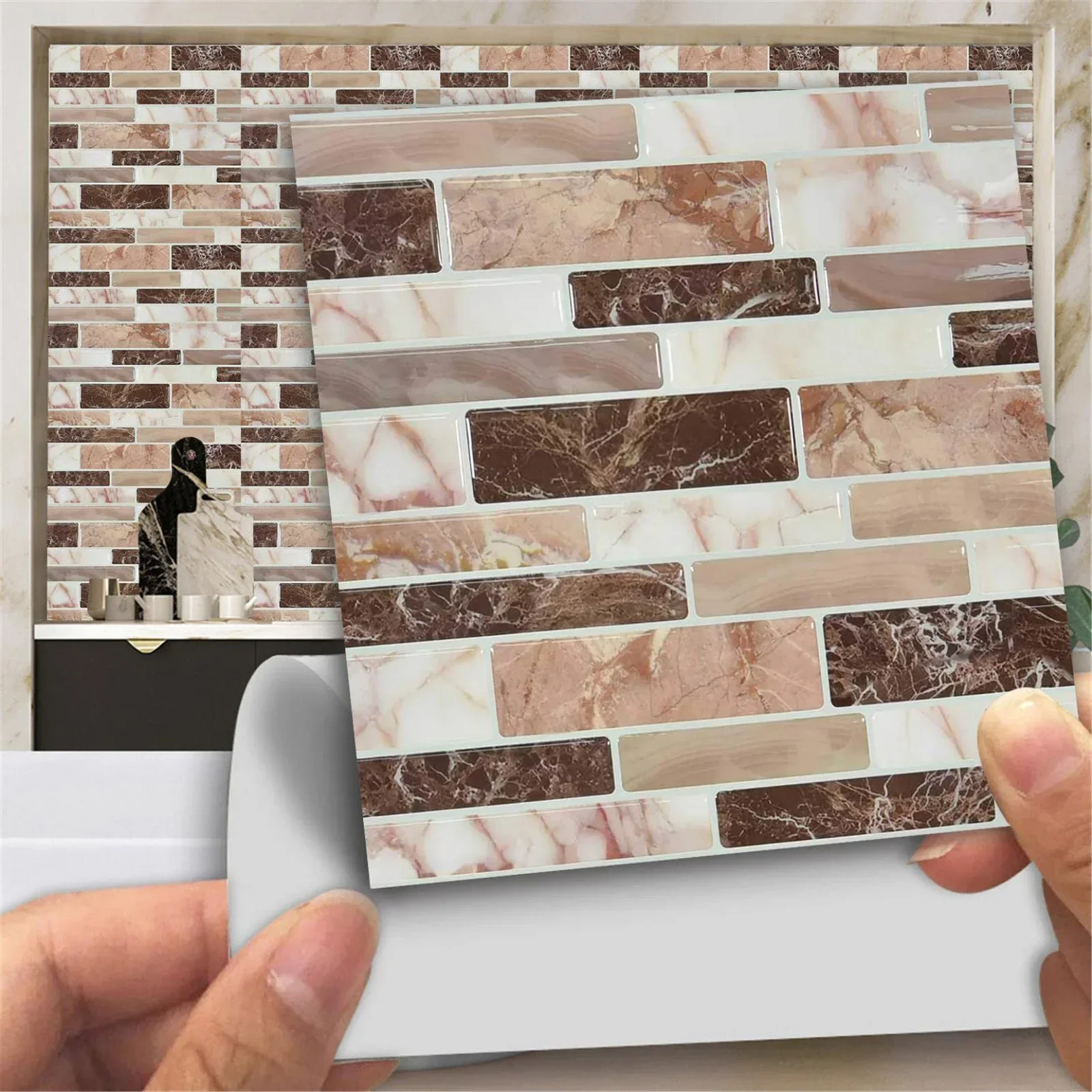 10PCS Classic Marbled Crystal-Glossy Kitchen Stickers Waterproof Oil Resistant Self-Adhesive Kitchen & Bath Tile Stickers Backgr