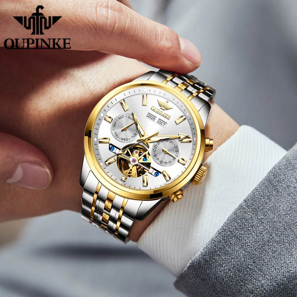 OUPINKE 3296 Mens Watch Original Automatic Mechanical Watch﻿ Sapphire Mirror 50M Waterproof Perpetual Calendar Day-Date Watch