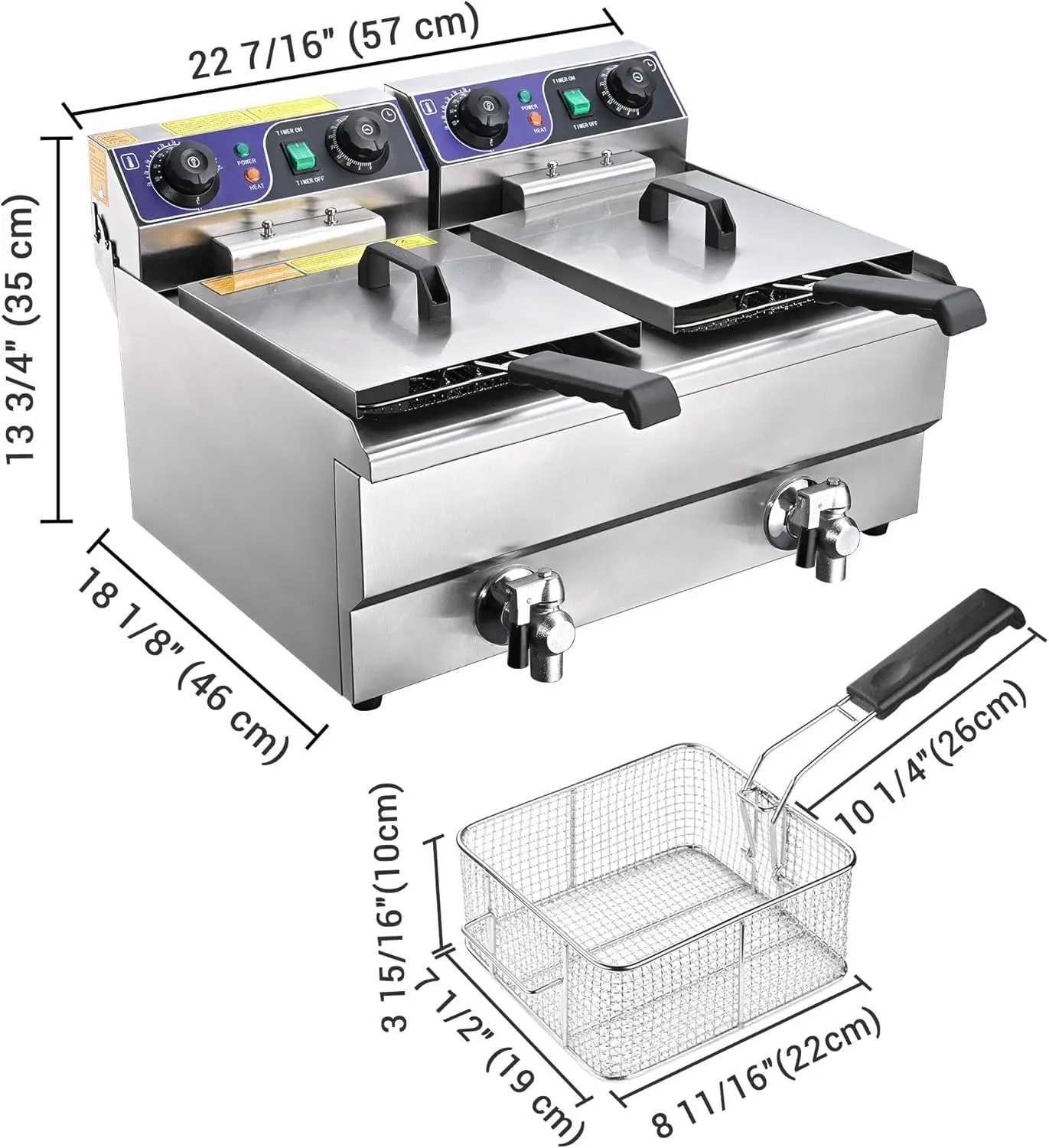 WeChef Commercial Electric Deep Fryer 23.4L 3000W Fryer w/Time Control and Oil Filtration Dual Removable Basket Stainless Steel