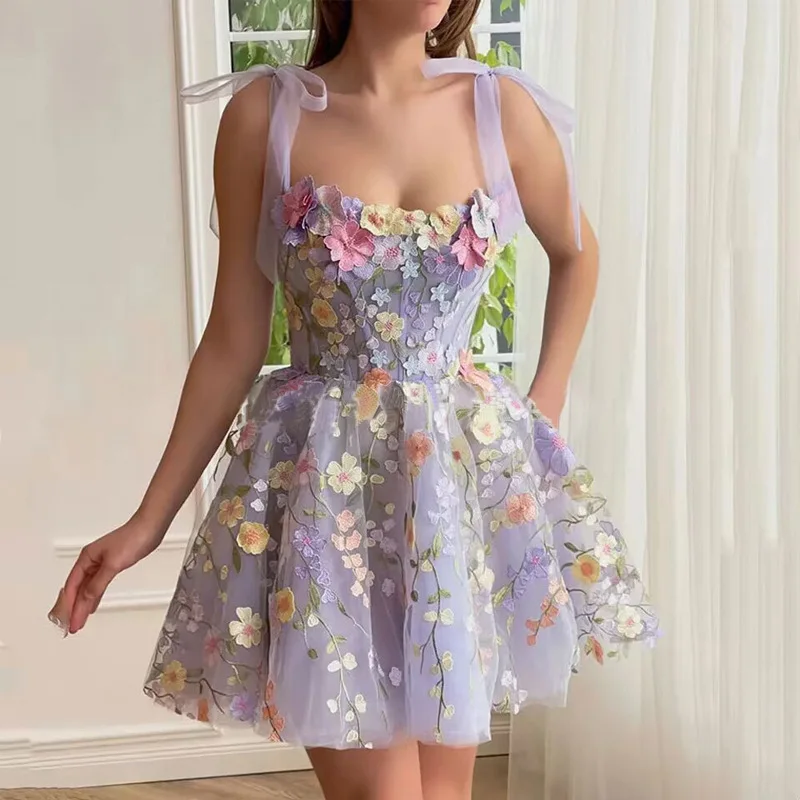 Women's Summer Dress Three-dimensional Light Purple Flower Embroidery Sexy Elegant Suspender Princess Style Dresses