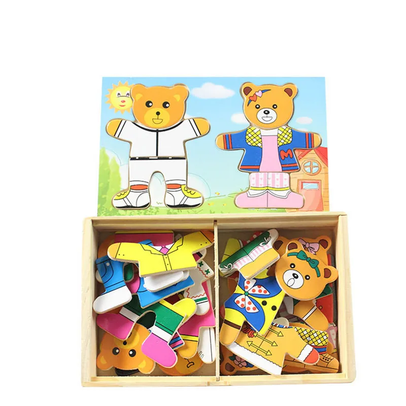 

4 Kinds Baby Wooden Toys Wooden Dress Up Bear Dressing Jigsaw Puzzle Kids Dress Changing Educational Montessori Toys Child Gift