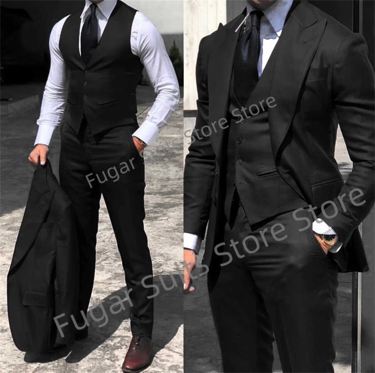 

Formal Black Wedding Men Suit Slim Fit Peak Lapel Groomsmen Groom Formal Tuxedos 3 Pieces Sets Fashion Male Blazer Costume Homme