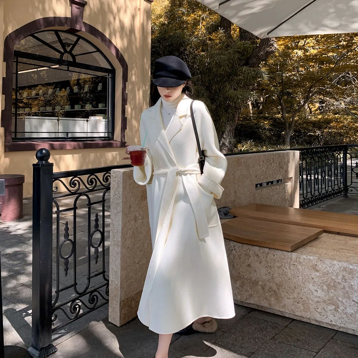 

White Woolen Coat Women's Coat Autumn Winter High-end Feeling Waist Closing Slimming Temperament Knee Length Women's Coat