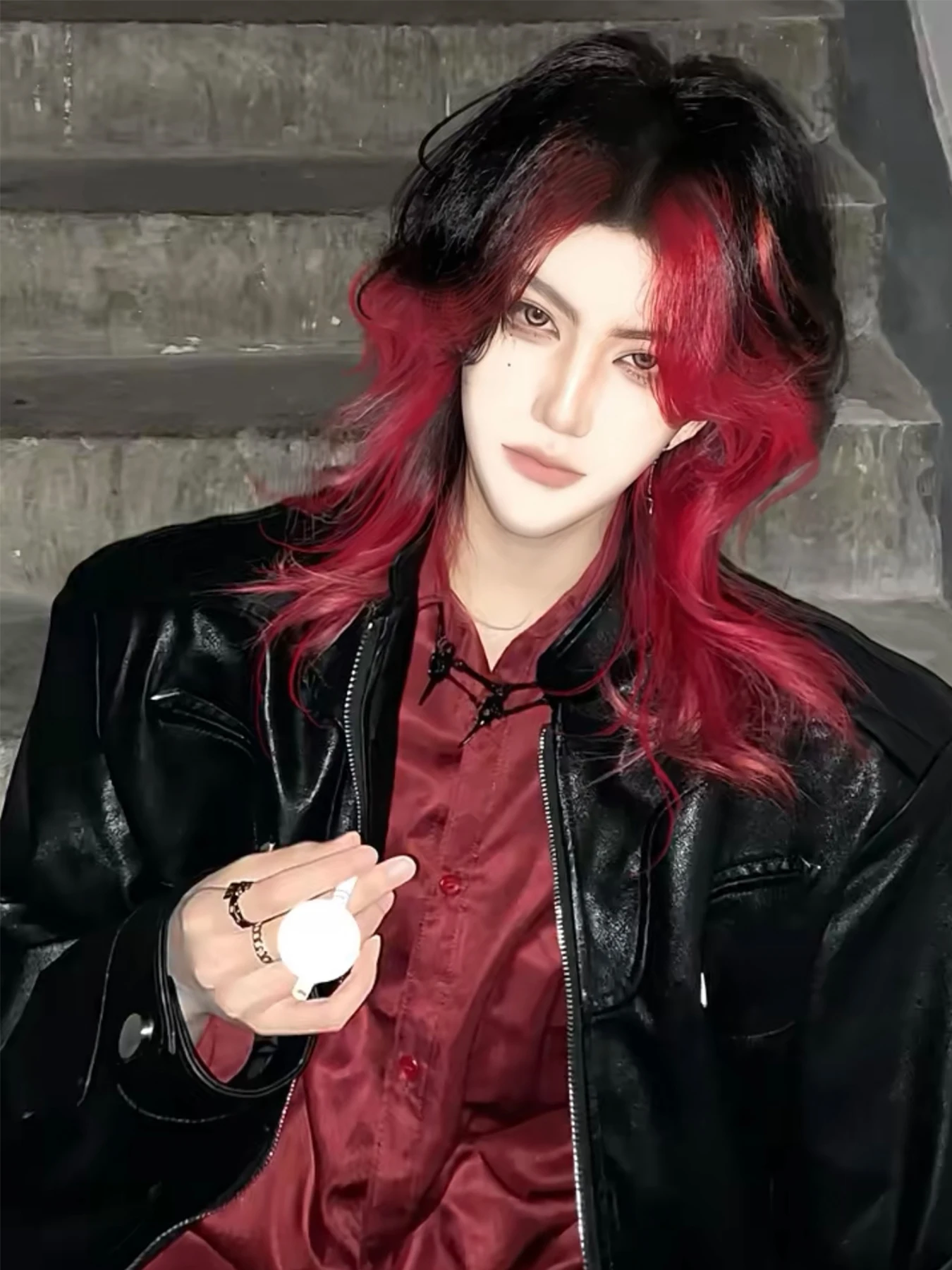 XIYUE Synthetic Lace Front Wig Men Female Short Hair Black red wolf tail color matching Handsome Korean Natural Fluffy Net Red synthetic wig