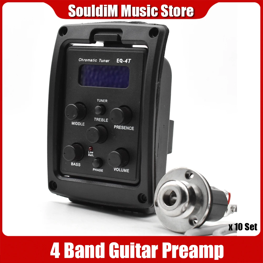 

10 Set 4-Band EQ Equalizer Acoustic Guitar Preamp Piezo Pickup with LCD Tuner EQ-4T Volume Control Electric Guitar Preamplifier