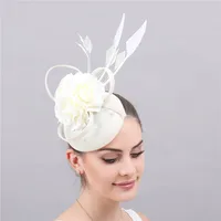 Elegant Peach Wedding Headwear Imitation Sinamay Women Fascinator Hat Feather Bride Hair Accessories Vintage Headdress For Lady 6