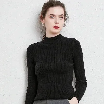 

Новинка, Женская осенне-зимняя футболка с длинным рукавом, вязаные топы с высоким воротником, облегающая футболка