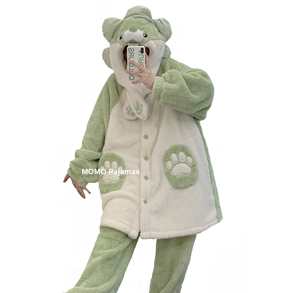 Women's Sleepwear Winter Flannel Nightgown With Pants Two Pieces Set Pyjamas Nighty Loose Hooded Sleepshirts Plush Pajamas Set
