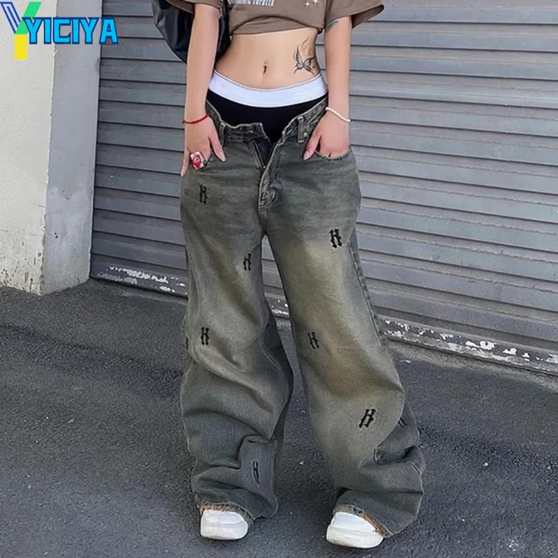 YICIYA Y2K cargo Jeans Washed Jean Gothic Style Hip-hop Street Trend Teen Clothes Retro Loose Low waist Wide Leg Pants Trousers