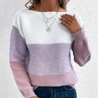 Women's Contrast Color Long Sleeve Round Neck Sweaters Female Stitching 2024 Fall Jumpers Lady Casual Warm Comfortable Pullover - Image 4