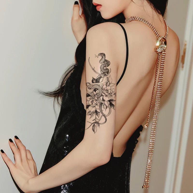 

Temporary Tattoo Sticker Snake Deer Flower Roses Peony Sketches Tattoo Designs Sexy Girls Model Tattoos Arm Black Stickers