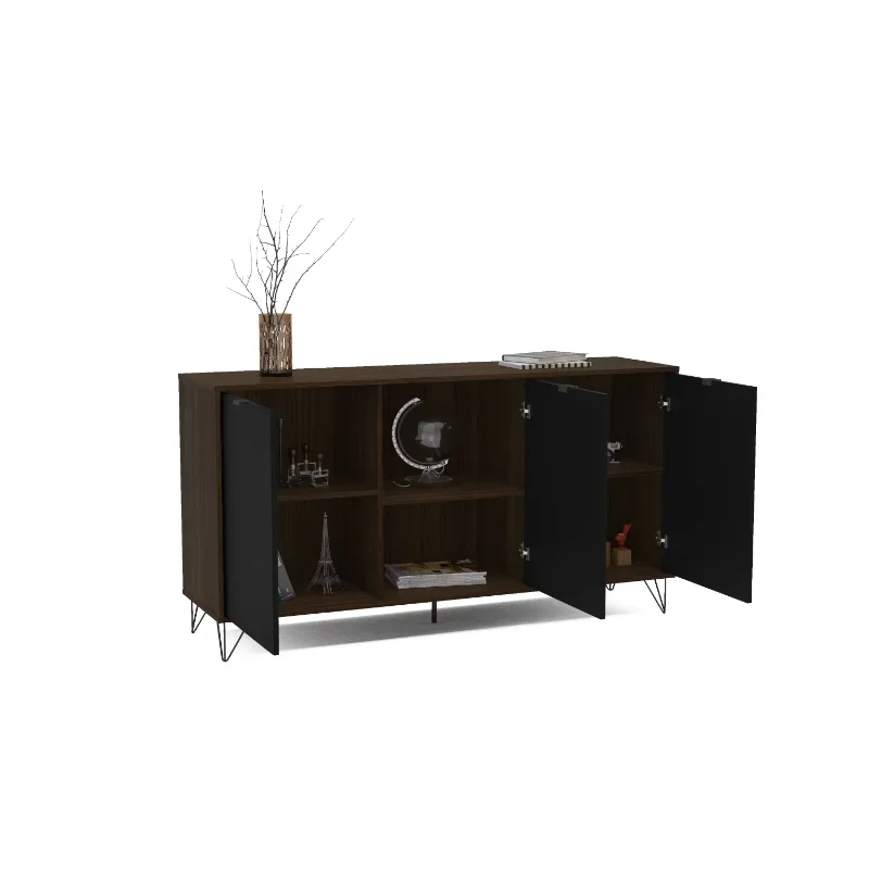 Polifurniture Montreal 59 in. Sideboard with 3 Doors, Black & Dark Brown Finish sideboard Dining Room Furniture