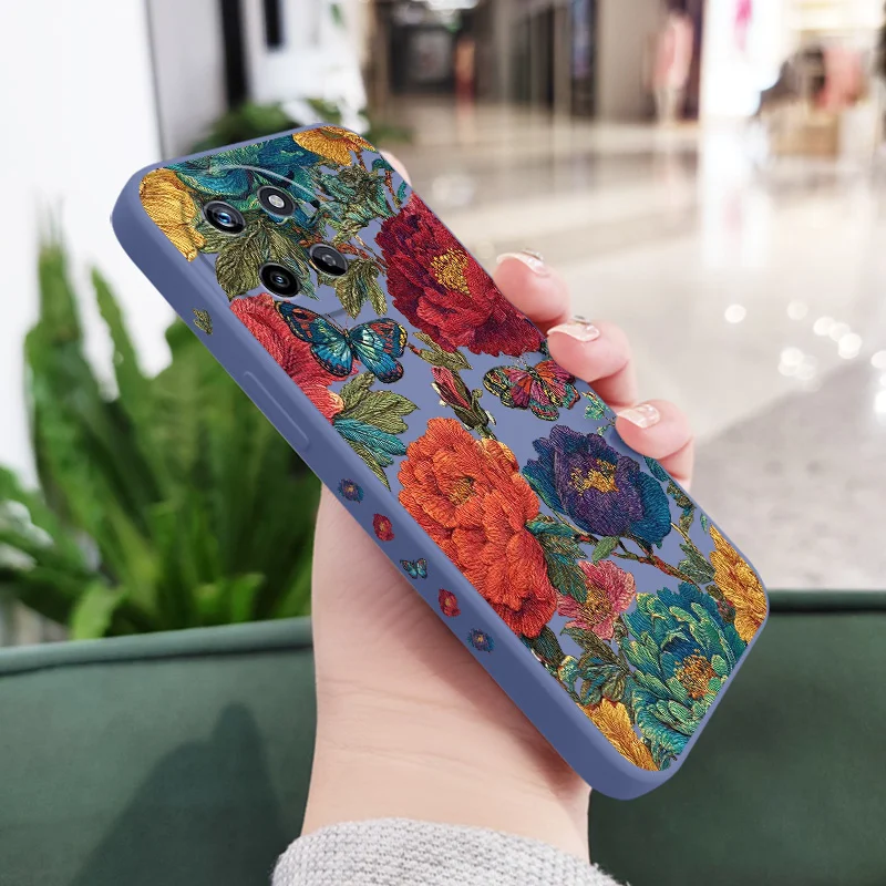 Elegant Embroidery Flower Liquid Silicone Phone Case