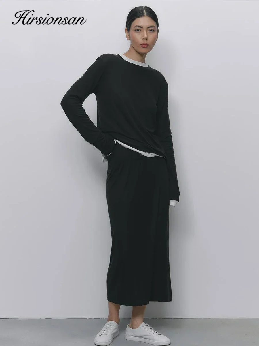 Hirsionsan Modal Soft Loose Sets Women 2025 Casual Two Pieces Long Sleeve T Shirts and High Waist Dresses Outfits Tracksuit 6