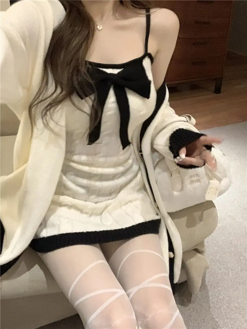 Elegant Knitted Two-Piece Set Women Bow Designer Sweet Party Dress Set Female Korean Style Sweater Mini Dress Suit Winter