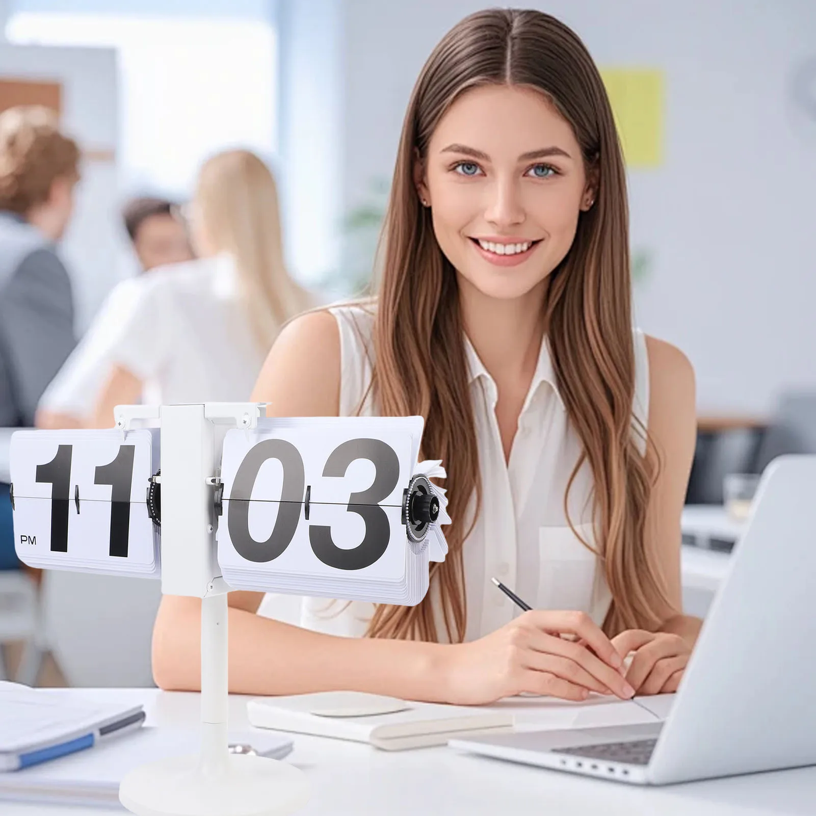 Mechanical  Clock 12 Hours 304 Stainless Steel PVC  Desk Clock Battery Powered Automatic Page Turning Quiet for Office