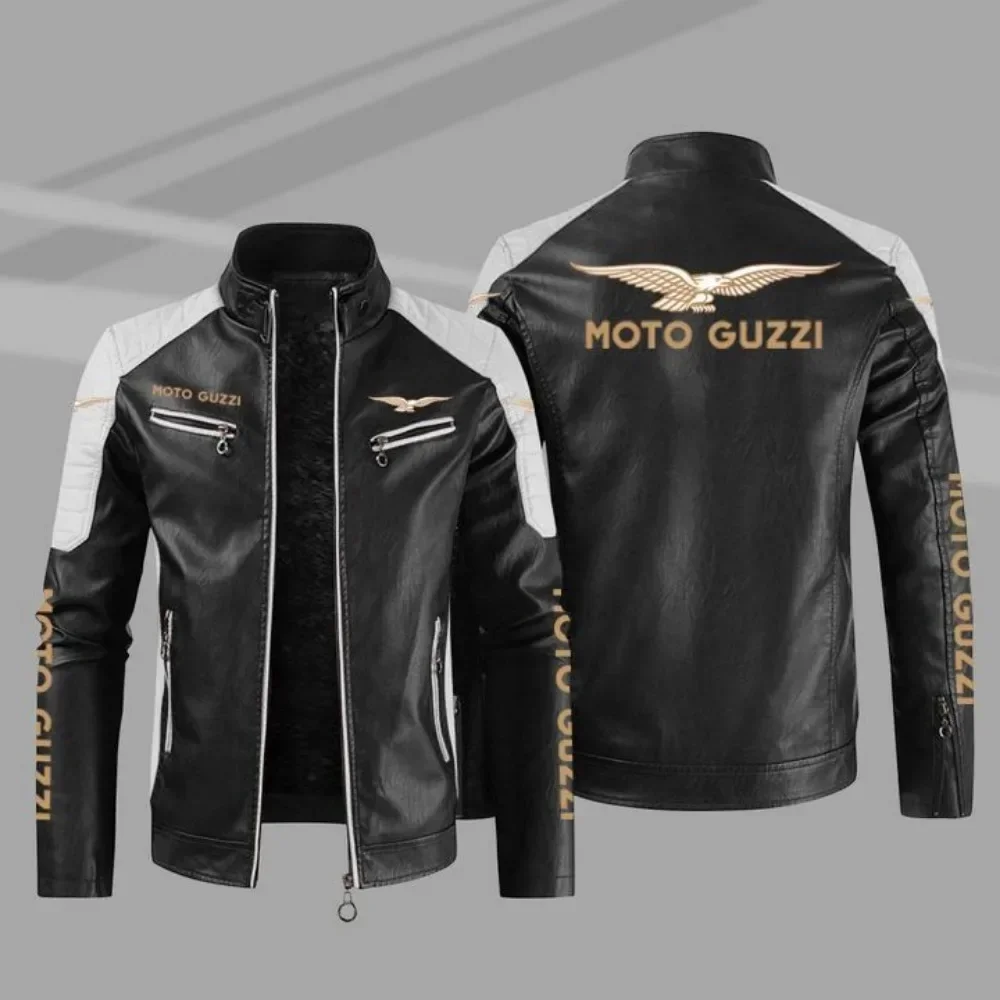 New motorcycle style leather jacket Moto Guzzi color stand collar leather jacket spring and autumn style without velvet jacket 4