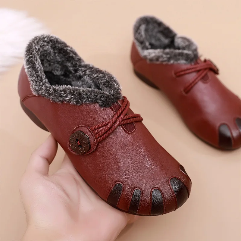 

Fashion Women Winter Cotton Shoes Plush Warm Non-slip Leather Shoes Ladies Casual Flat Elderly Shoe Solid Color Females Footwear