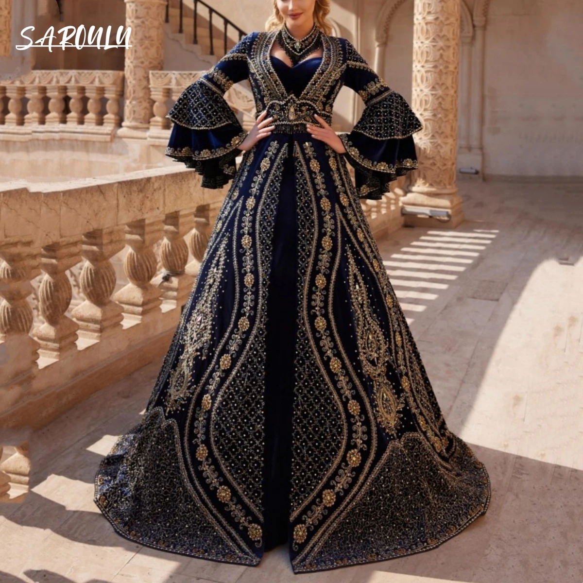 Intricate Long Flare Sleeve Women Sultan Formal Gown For Prom Caftan Muslim Gold Appliqued Party Dresses Robes De Soirée