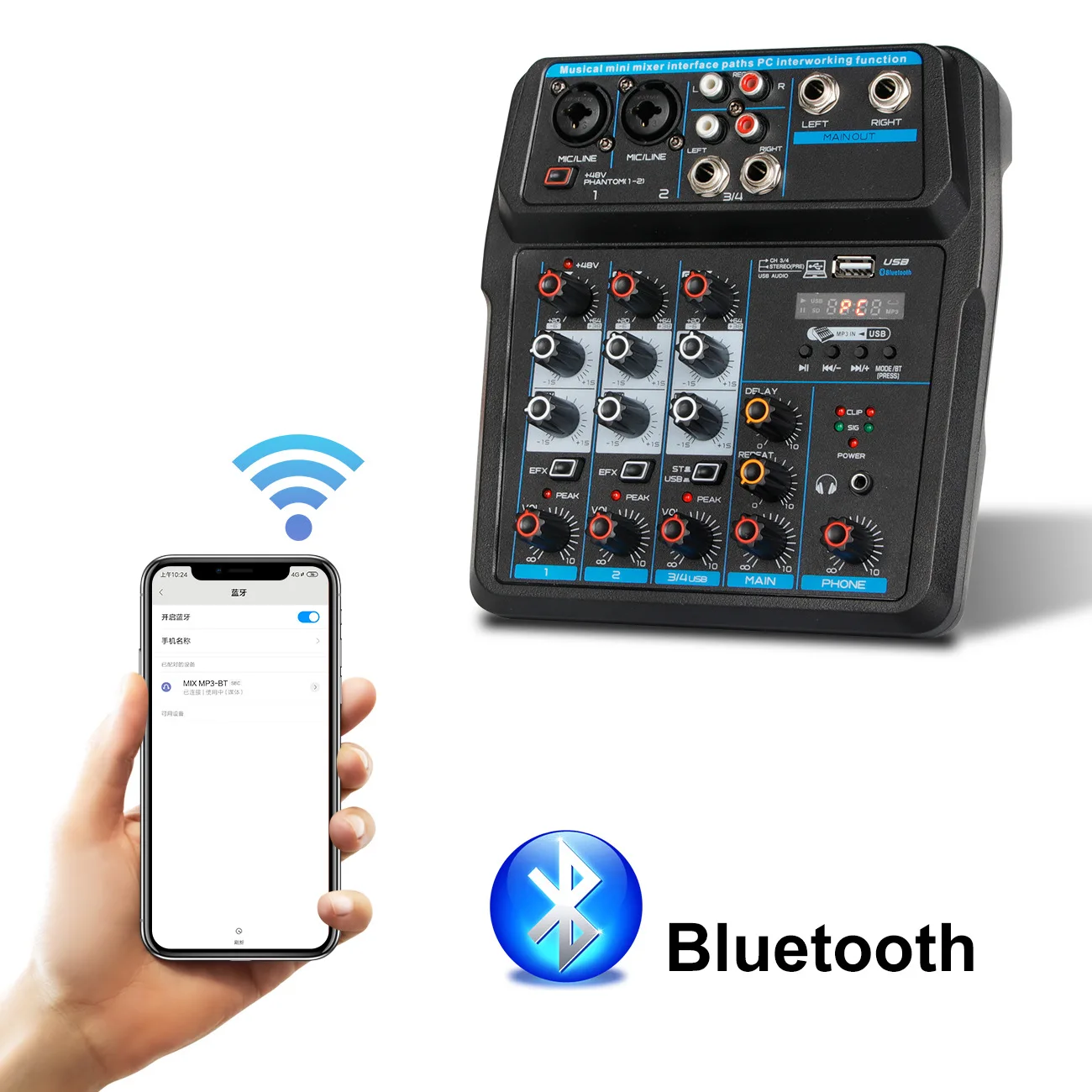 

4-way Small Mixer Mixing Desk Small Stage Karaoke with USB Reverb Effect Bluetooth DJ Speaker Mixing Desk Digital Audio Mixer