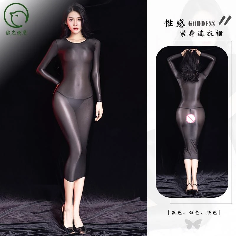 

Sexy Oil Glossy Pencil Dress Shiny Transparent Bodycon Dresses Long Sleeve See Through Elastic Tight Dress Night Club Outfits