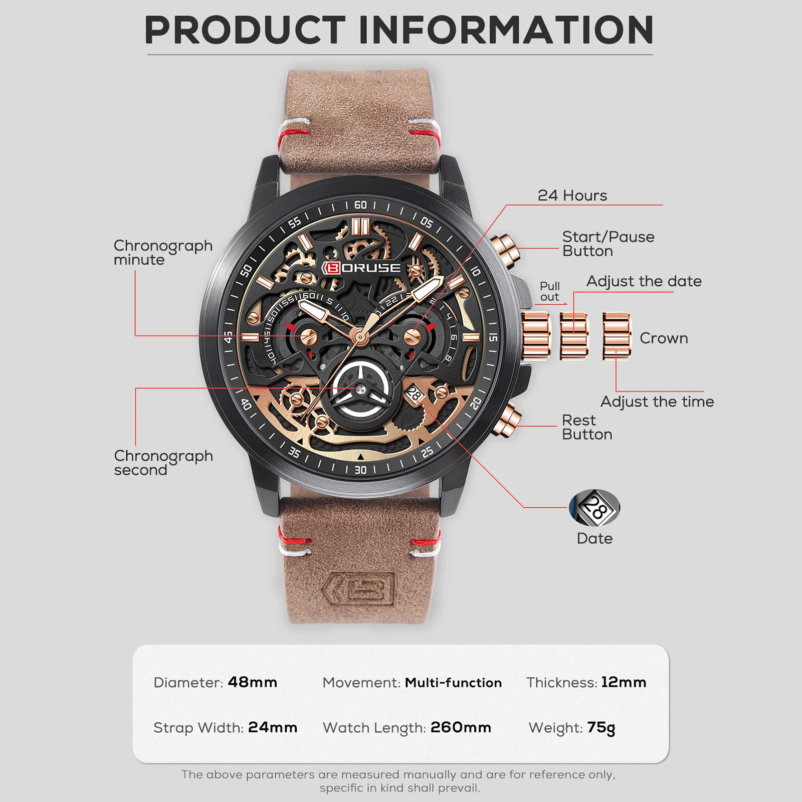 BORUSE Luxury Men's Quartz Wristwatch Brown Leather Strap Date Calendar Chronograph Waterproof Luminous Quartz Watch for Men