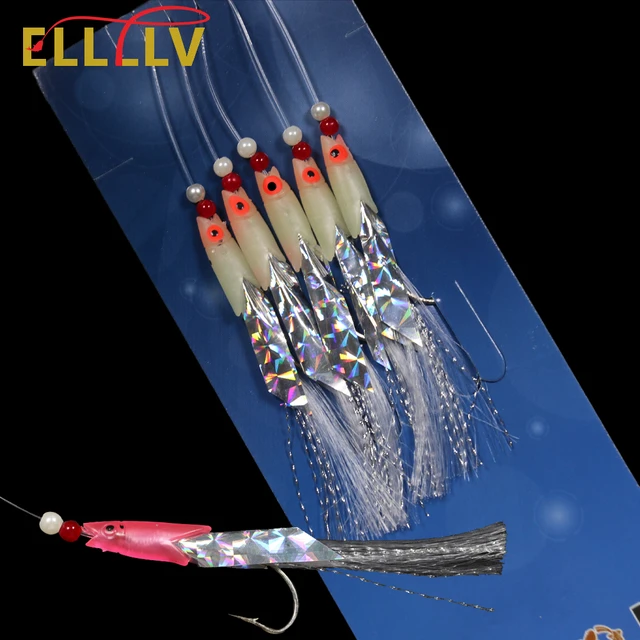 Elllv 2bags Sabiki Rigs Luminous Fish Head Flasher Streamer Fishing Lures  Soft Artificial Fishing Bait String