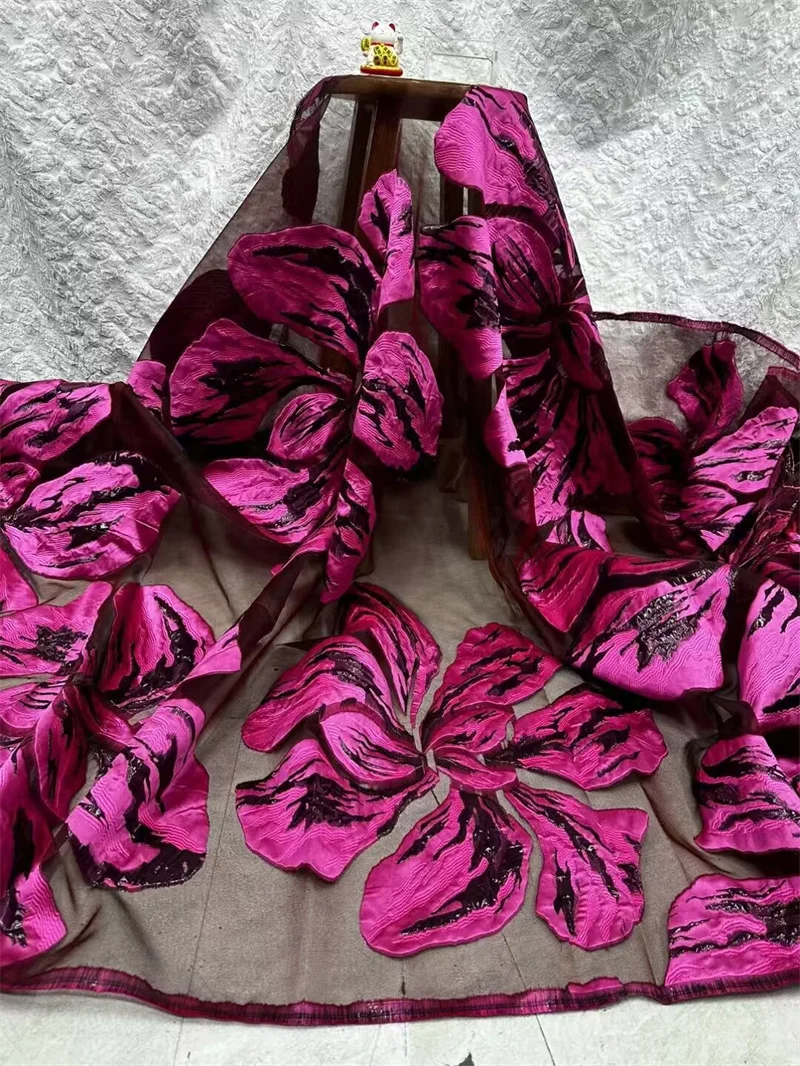 Fuchsia African Jacquard Brocade Luxury Fabric Floral Organza