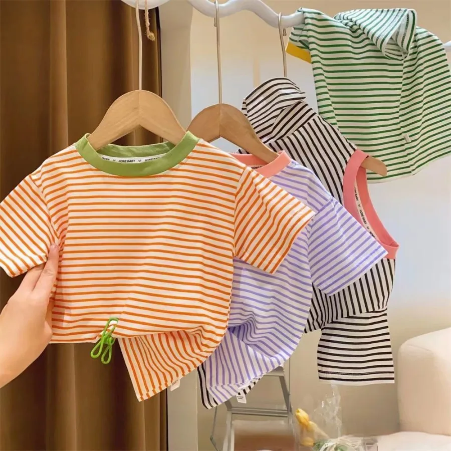 

2024 Summer New Striped T-Shirt Children's Short-Sleeved Boys and Girls Baby Thin Section Half-Sleeved Shirt Casual Wear Clothes