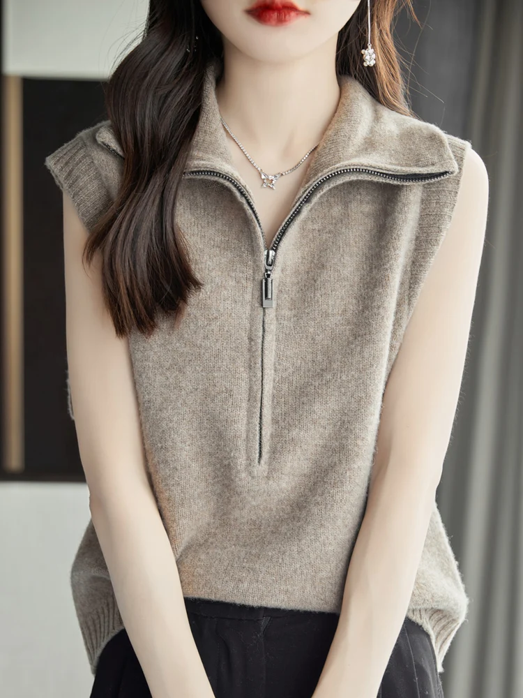 

2024 Women Waistcoat Zipper 100% Merino Wool Sweater Sleeveless Pullover Casual Knitted Vest Korean Fashion Female Tops