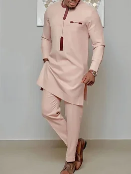 2024 Kaftan Elegant African Men's Set 2 Pieces Outfits Long Sleeve Ethnic Tops And Pants 1